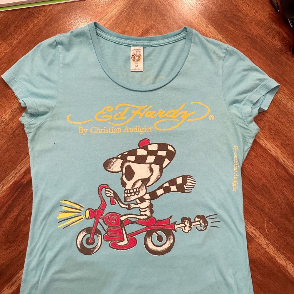Vintage Ed Hardy Skeleton Riding Motorcycle Long Tee Size M - Picture 3 of 8